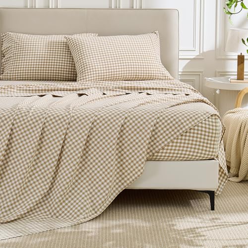 Pure Era Brown Gingham King Sheets Set - 100% Washed Cotton Linen-Like