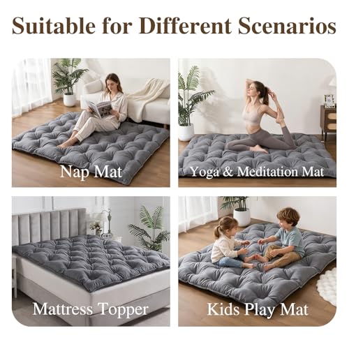 Japanese Futon Mattress - 3 Inch Shredded Memory Foam Full Grey Portable Floor Bed