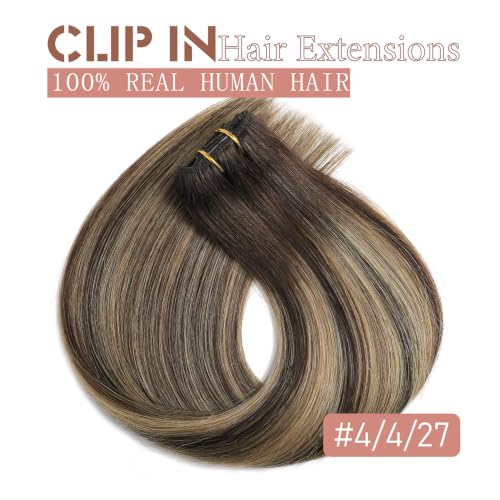 16 Inch Clip-In Hair Extensions - Balayage Chocolate Brown to Caramel Blonde, Remy Human Hair