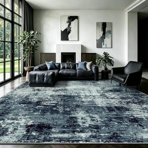 8' x 10' Blue Modern Abstract Washable Rug - Non-Slip Low Pile Floor Carpet for Living Room, Bedroom, Office, Nursery - C-dark Blue