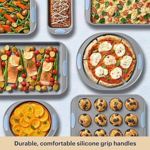 Pyrex 8-Piece Metal Bakeware Set with Silicone Handles - Cerulean, Heatsafe