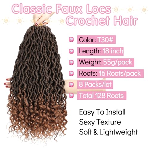 18 Inch Faux Locs Crochet Hair - Pack of 8 Pre-Looped Goddess Locs with Curly Ends for Black Women - T30#