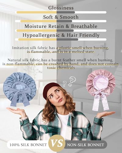 Ufgin 100% Mulberry Silk Sleep Bonnet for Women Double Layer Haze Blue & Sky Blue