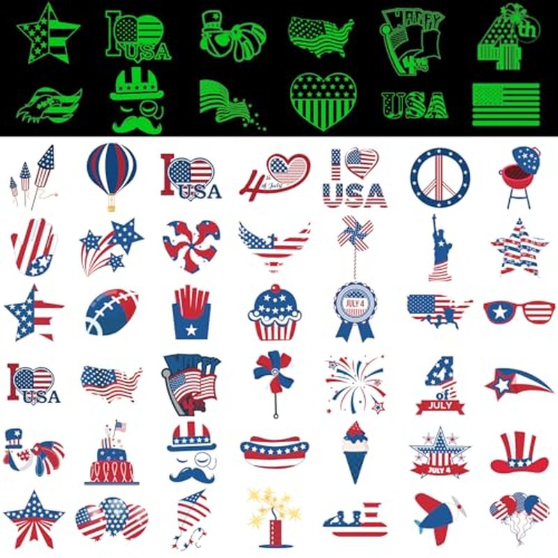 288PCS 4th of July Adult Patriotic Temporary Tattoos Glow in the Dark Body Decor 48 Designs
