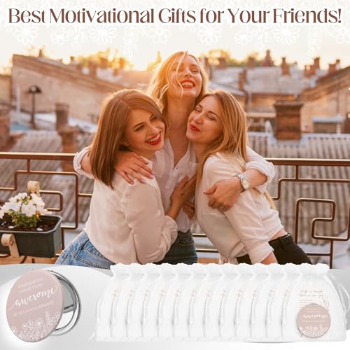 CroBlissful Inspirational Gifts for Women Bulk 12 Set - Classic Double-Sided Makeup Mirrors with Quotes & Organza Bags