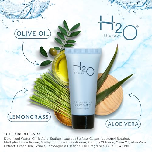 Travel Size Hotel Body Wash 20 Count 0.85 oz Bottles Guest Amenities for Hotels Vacation Rentals and Short Term Rentals Paraben Free Green Tea Scent Infused with Aloe and Olive Oil by H2O Therapy