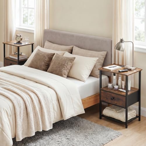 LOAKEKEL Brown Nightstands Set of 2 with Charging Station - Modern Bedroom Side Tables