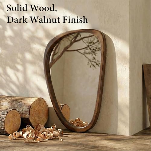 Solid Wood Wall Mirror 30x20 Dark Walnut Irregular Shape - Modern Decor