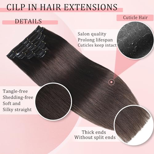 Dark Brown 16-Inch Remy Clip-In Hair Extensions - Natural Human Hair Set, 8pcs