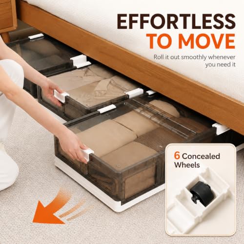 2-Pack Under Bed Storage Containers with Wheels - Foldable Plastic Boxes with Lids, 31.9x16.1x8.1 Inches