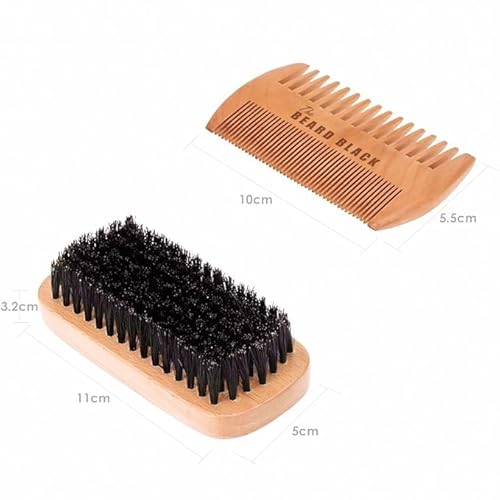 Beard Brush & Comb Set for Men - Natural Boar Bristle Brush, Dual Action Pear Wood Comb, Gift Box & Travel Pouch. Enhances Growth & Styling with Balm Oil Distribution by The Beard Black (Black)