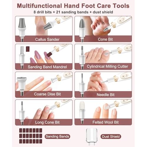 Cordless Electric Nail File Drill Set, Rechargeable Toe Nail Filer and Buffer, Toenail Grinder for Thick Toenails, Professional Manicure Pedicure Kit, Hand Feet Nails Care Tool for Women Men Human
