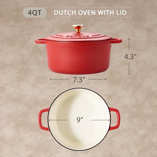 4QT Enamel Cast Iron Dutch Oven Pot with Lid - Red