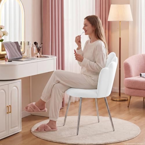 White Velvet Vanity Chair with Back Support and Metal Legs - Midcentury Modern Accent