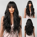 BERON Natural Black Long Wavy Wig with Bangs, Heat‑Resistant Synthetic, 65cm, Adjustable Cap
