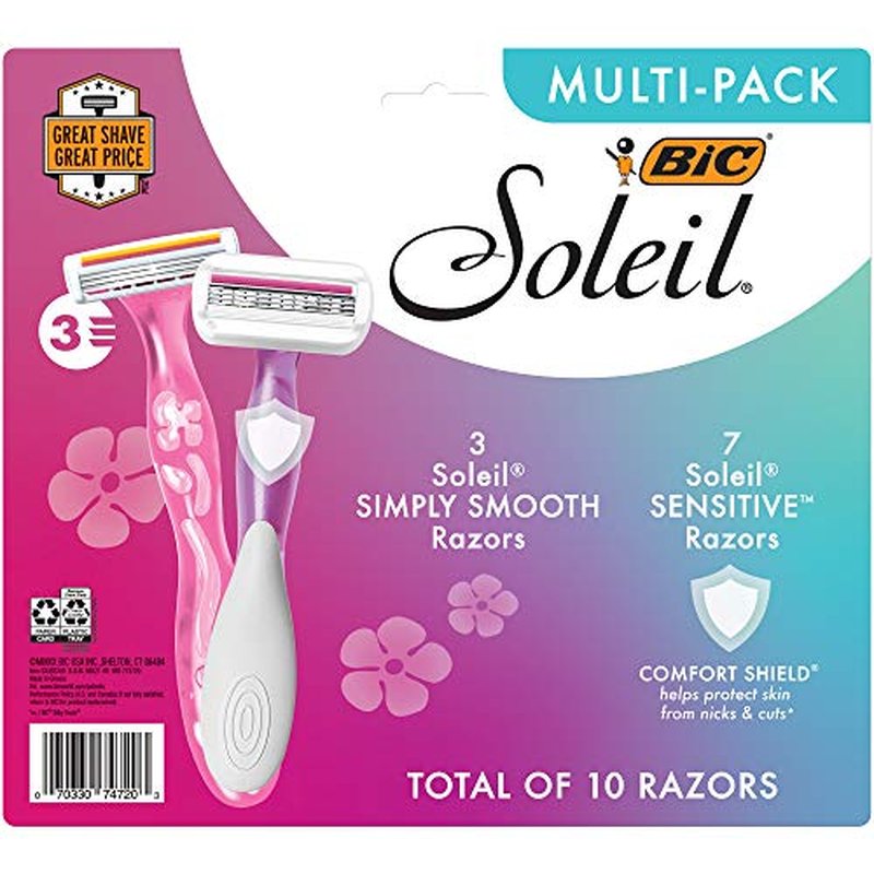 BIC Soleil Simply Smooth Women's Disposable Razors; 3 Blades With Moisture Strip For a Silky Smooth Shave; 10-Count