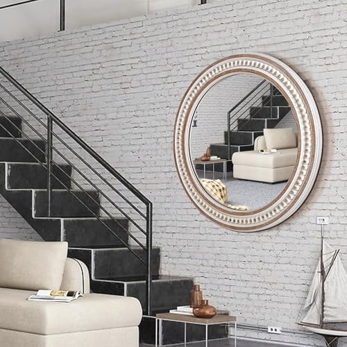 Decointo 24 Inch Round Rustic Wooden Bathroom Mirror - Style 1