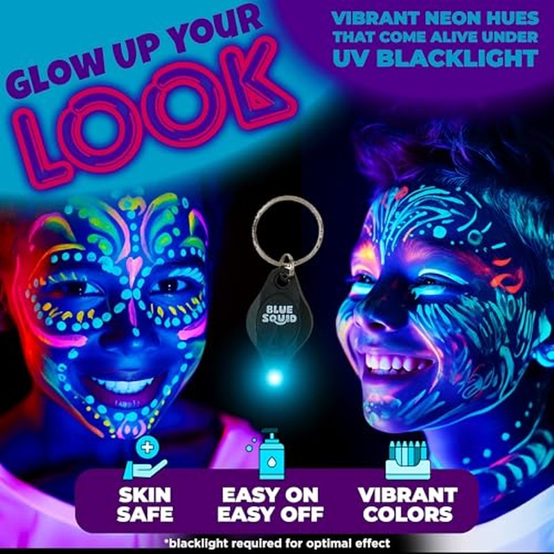 Blue Squid UV Body Paint, Blacklight Glow Makeup Kit, Fluorescent Face Paints, 8 Neon Body Paint Colors, Mini UV light, Neon Body Paints Adults & Kids