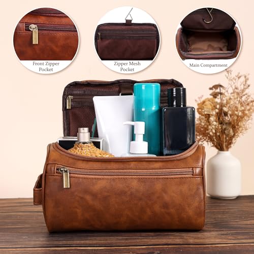 Dark Brown Toiletry Bag for Men and Women Travel Organizer Water-Resistant PU Leather