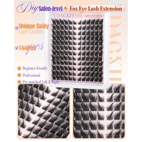 Lash Clusters Fox Eye Spikes Eyelash Extension Wispy Manga Cluster Eyelashes Fairy Spiky Cluster Eyelash Extensions 144Pcs Cat Eye Individuals Lashes Long DIY Volume Anime Lash Extension