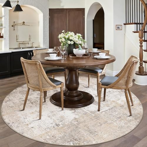 WondRg 8x8 Beige Grey Abstract Round Rug - Low Pile, Non-Slip Backing, Machine Washable