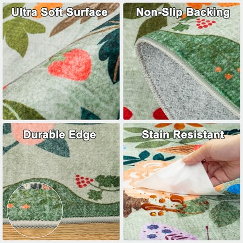 Green 8x10 Floral Area Rug - Washable Boho Living Room Carpet