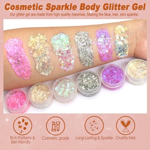 Boko 6pcs Body Glitter Gel, Sparkle Pink Chunky Glitter Gel for Face Hair Body Glitter Makeup, Mermaid Face Glitter Sequins for Festival Music Concert Party Themed Makeup Rave Accessories