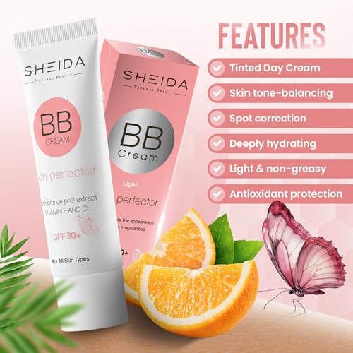 Sheida BB Cream with SPF 30+, Hydrating Daily Tinted Day Cream, Natural Finish, Buildable Light Coverage, 24h Moisture, Vitamin C & E for Even Skin Tone and Radiant Look ? 50 ml (Light)