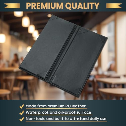 12 Pack 4 View Menu Holder Covers - Black Leather Restaurant Menu Sleeves
