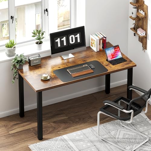 47 Inch Rustic Brown Computer Desk with Black Metal Frame, Modern Simple Design