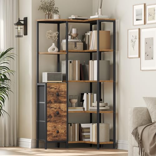 Corner Bookshelf 5-Tier L-Shaped Bookcase with 3 Fabric Drawers - Rustic Brown & Black