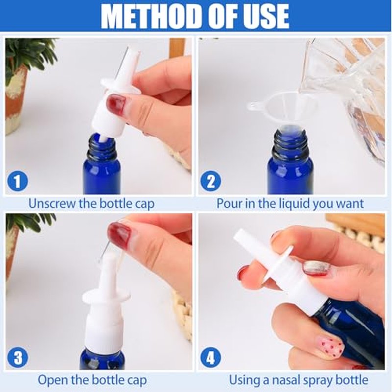 40 Pcs Nasal Spray Bottle, 10ML/0.35OZ 24 Pcs Refillable Glass Blue Nasal Spray Bottles Empty with 8 Funnels and 8 Labels