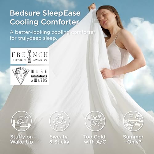 King Size Reversible Cooling Comforter Set with Pillowcases - White Seersucker Bed Bedding