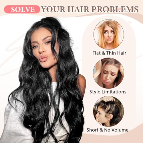 Natural Black 16 Inch Clip-In Hair Extensions Set - 6 Pieces, 220g