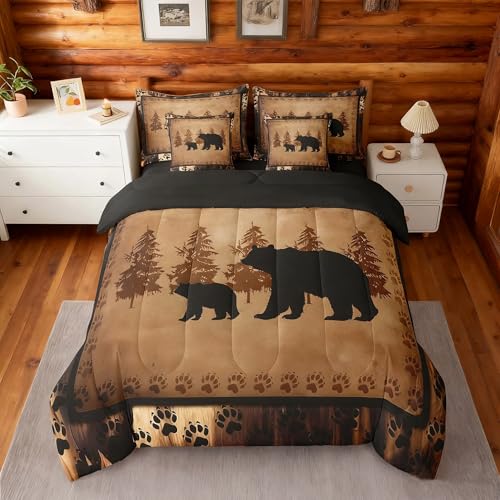 Queen Size Bear Comforter Set - Rustic Lodge Animal Bed in a Bag, 7 Pieces, Brown & Black