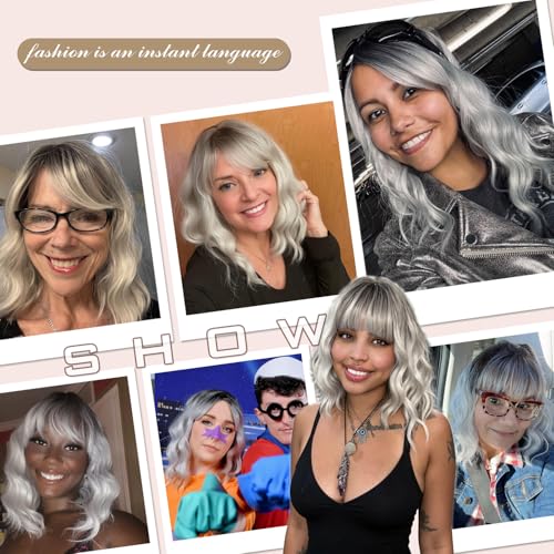 MINLEE Silver Gray Wigs for Women Short Bob with Bangs 14 Inch Curly Synthetic Hair Variation: Silver Gray