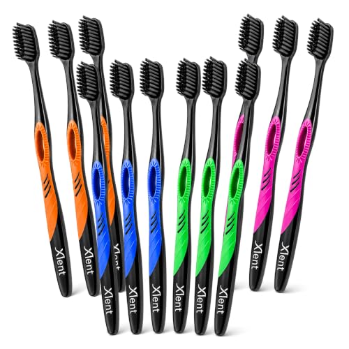 12 Pack Activated Charcoal Soft Toothbrushes with Ultrafine Tapered Bristles - Compact Head & Slim Design