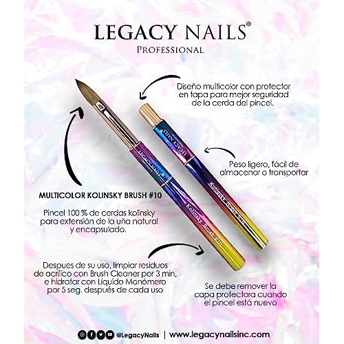 Legacy Nails Professional Multicolor Kolinsky Nail Brush #10 - Perfect For Sculpting Acrylic Nail Extensions Flexible bristles Light weight