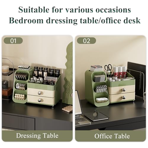 Makeup Organizer Countertop For Women,Brush Holder, Makeup Storage Organizer with 2 Drawers, Spacious Cosmetic Display Case for Beauty Essential, Skincare, Lipstick (Green)