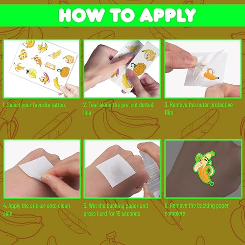 Banana Pre-Cut Temporary Tattoos 8 Sheets 96PCS Yellow Banana Party Decorations Supplies Favors Fruits Theme Birthday Stickers Christmas Gifts for Boys Girls Class School Prizes Carnival (Luminous)