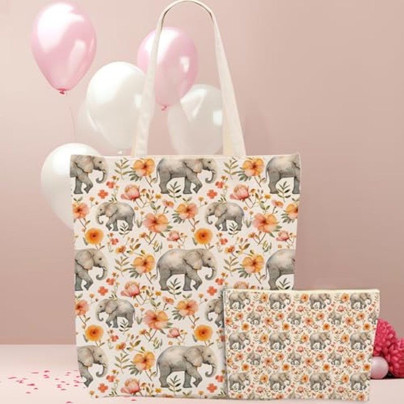 Cute Elephant Gifts Elephant Stuff Merch,2pcs Cosmetic Bag Canvas Tote Bag for Women Set, Shopping Beach Grocery Canvas Tote, Birthday Christmas Friendship Gifts for Women Animal Lovers Girls Sister