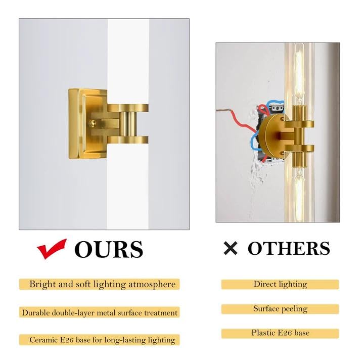 Gold Wall Sconces Set of Two - 22 Inch Modern Vanity Lights with Frosted Glass Shades