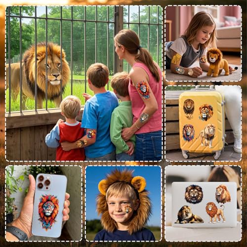Lion Temporary Tattoos Stickers, Animal Tattoo Stickers for Kids, Birthday Party Favors Goodie Bag Fillers Supplies Decorations, Classroom School Prizes Rewards Gifts(8 Sheets)