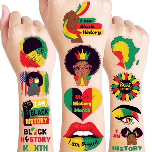 96 PCS Happy Black History Month Pre-Cut Temporary Tattoos for Kids | Super Cute Themed Birthday Party Favors, Supplies, Decorations, African Tattoo Stickers, School Prizes Gifts For Boys Girls