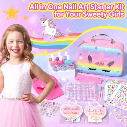 Rainbow Unicorn Non-Toxic Nail Polish & Press-On Nails Set with Dryer - Kids Gift