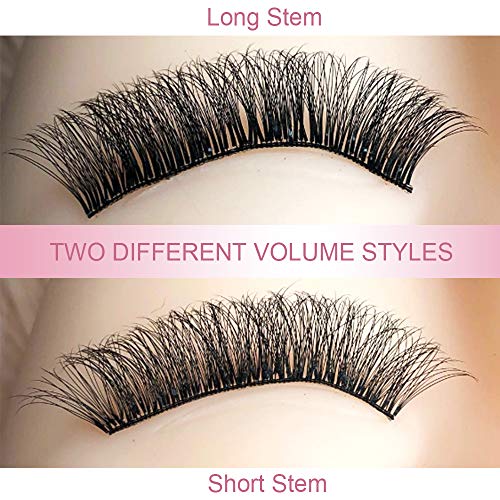PRO LASHBEAUTY Premade Volume Fans Eyelash Extensions, 3D-C-0.07-9, Short Stem, C/D Curl, 0.07/0.10, Vegan, Individual, False Eyelash