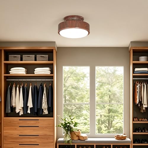 Walnut Bladeless Ceiling Fan with Lights, 11 Inch Flush Mount Fandelier, Remote Control, Dimmable LED for Bedroom & Kitchen