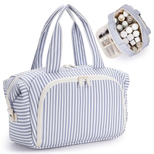 Narwey Travel Toiletry Bag for Women – Large Makeup & Cosmetic Organizer, Y-Greyish Blue Stripe