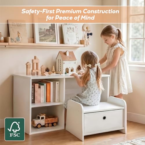Faesun 3-in-1 Toddler Bookshelf with Bench, White Montessori Reading Nook & Toy Organizers
