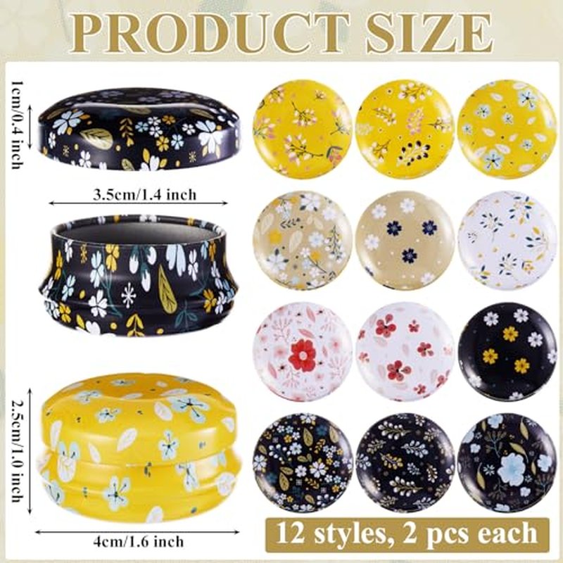24 Pack Mini Tinplate Jars with Lids, 0.7oz / 20ml Reusable Round Small Floral Travel Tins Empty Lip Balm Containers for Salve, LED Candles, Salve, Eye Shadow, Powder(Classic Style)